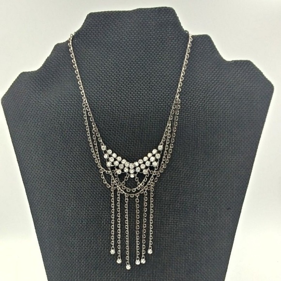Silver Multi-layer Chain Necklace W/ Rhinestones - Picture 2 of 3